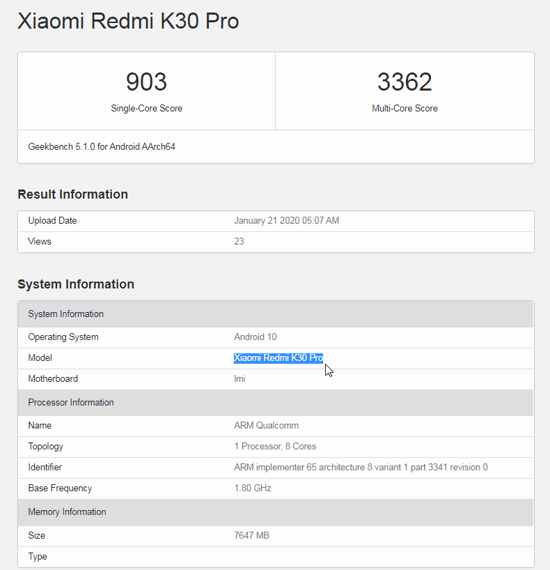 Geekbench подтвердил скорый запуск нового Redmi K30 Pro