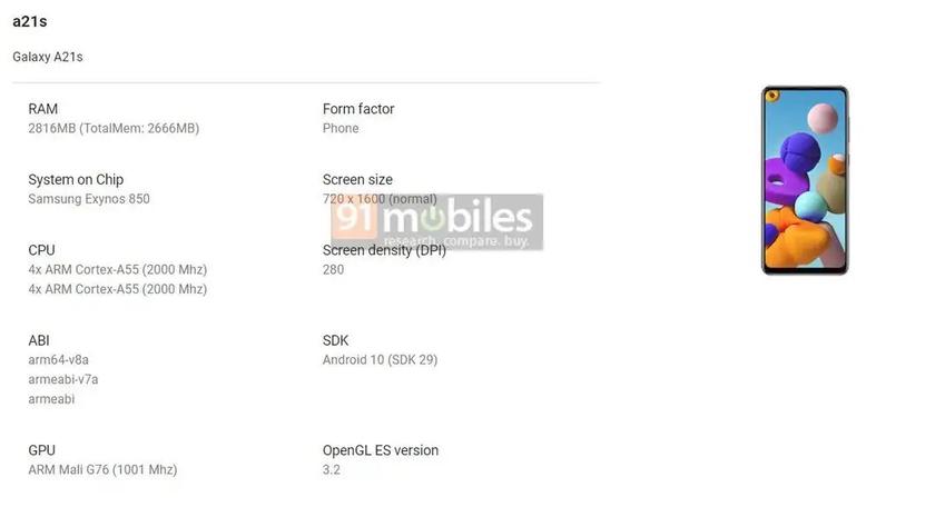 Samsung Galaxy A21s с Exynos 850 частично рассекретили в Сети