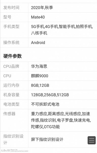 Опубликованы характеристики нового флагмана Huawei Mate 40