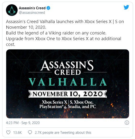 Assassin's Creed Valhalla выйдет 10 ноября вместе с Xbox Series X