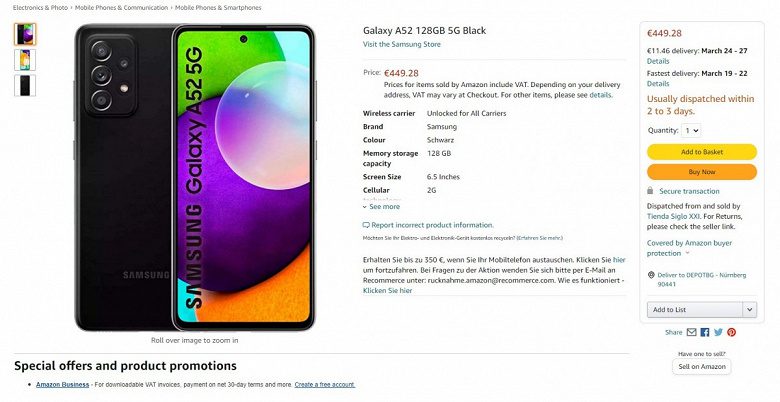 Стали известны европейские цены на смартфон Samsung Galaxy A52