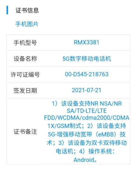 Появилось несколько спецификаций Realme RMX3381 с сертификацией TENAA