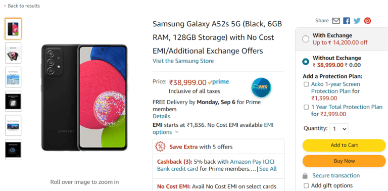 Samsung Galaxy A52s 5G выставлен на продажу на Amazon India