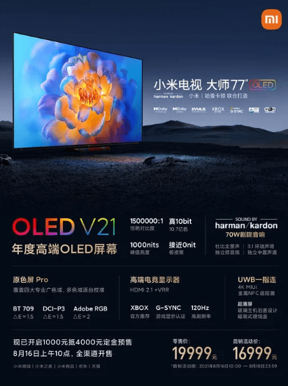 Xiaomi запустила Mi TV Master 77 OLED с корпусом 8,2 мм