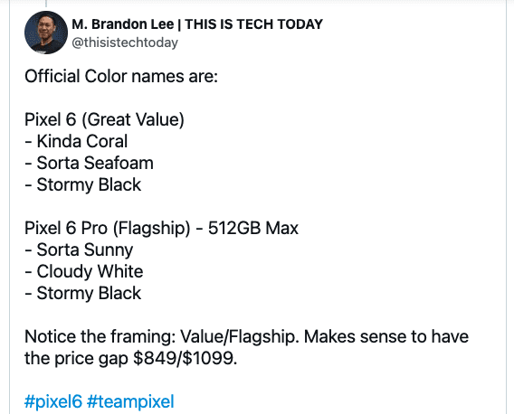 Раскрыты официальные названия цветов серии Google Pixel 6