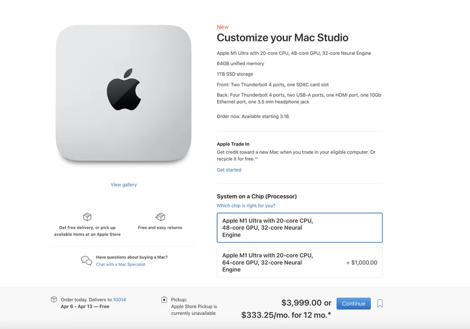 Полностью укомплектованный Mac Studio будет стоить 8000 долларов