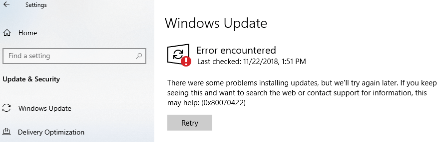 Ошибка 0x80070422 в Windows 10