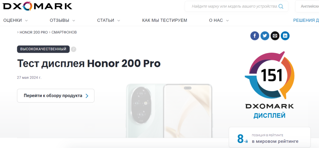 DxOMark оценили качество экрана Honor 200 Pro на уровне iPhone 15 Pro Max