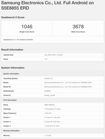 Недорогой процессор Exynos 1580 от Samsung засветился в банчмарке Geekbench