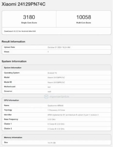 Xiaomi 15 протестировали в бенчмарке Geekbench