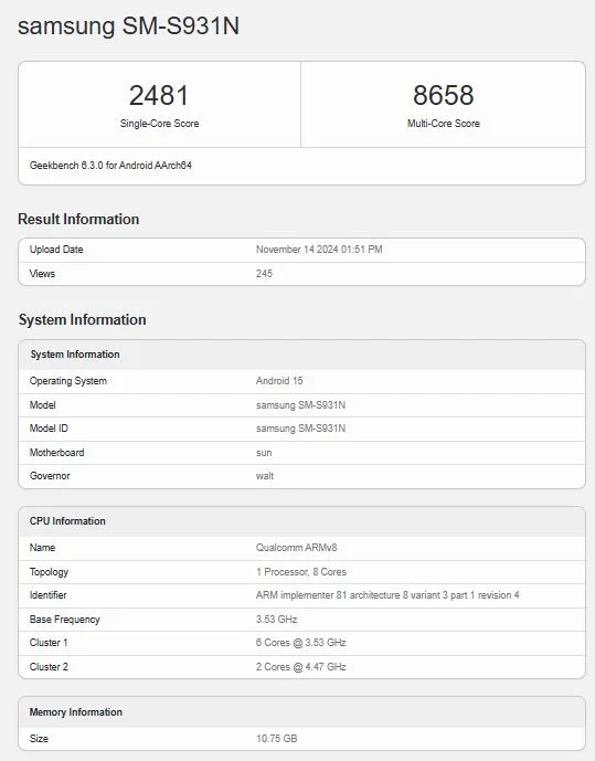 Базовый Samsung Galaxy S25 появился в Geekbench, результаты разочаровывают