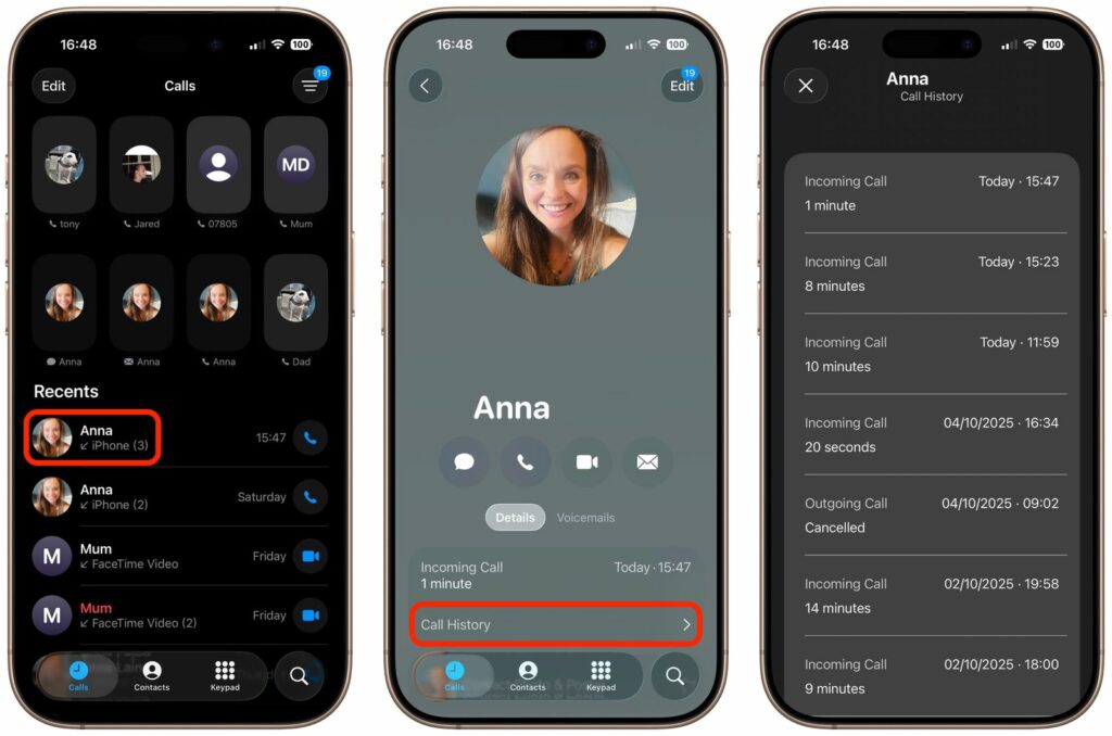 iOS 26 позволяет просматривать полную историю звонков с любым контактом