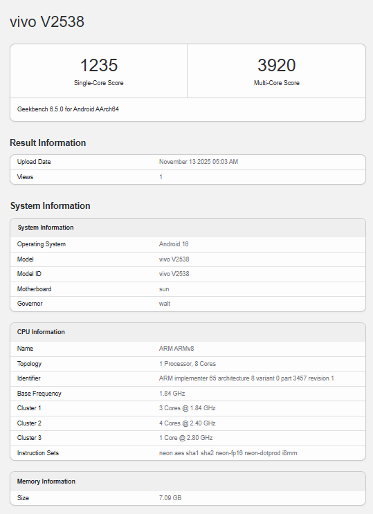 Vivo V70 с процессором Snapdragon 7 Gen 4 замечен на Geekbench