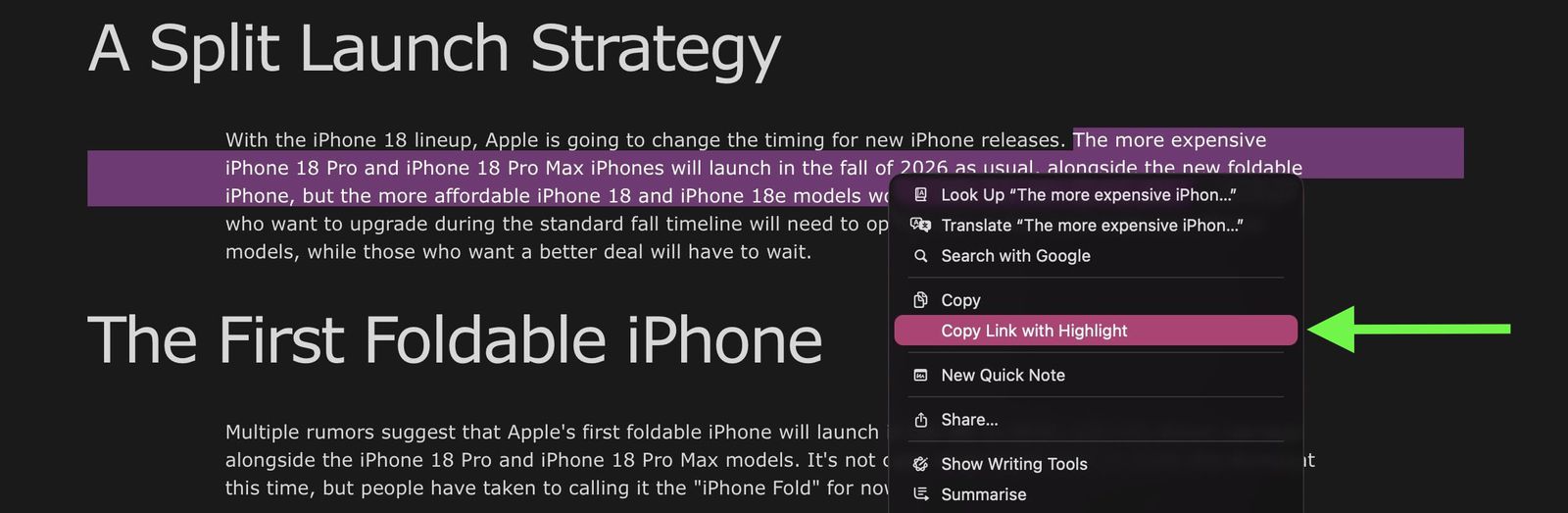 Safari научился создавать ссылки на конкретный фрагмент текста на странице